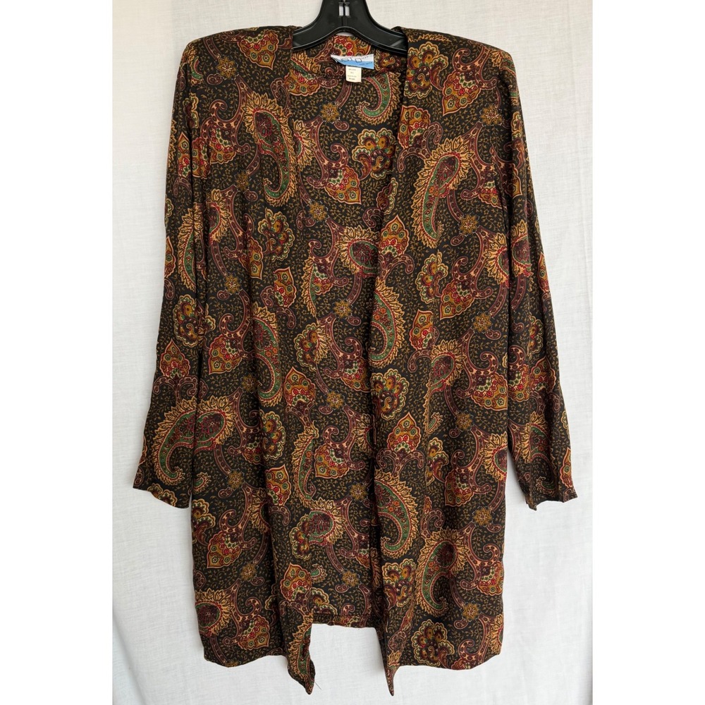 Vintage Just Ducky Longline Cardigan Brown Paisley Open Front Jacket Women 10